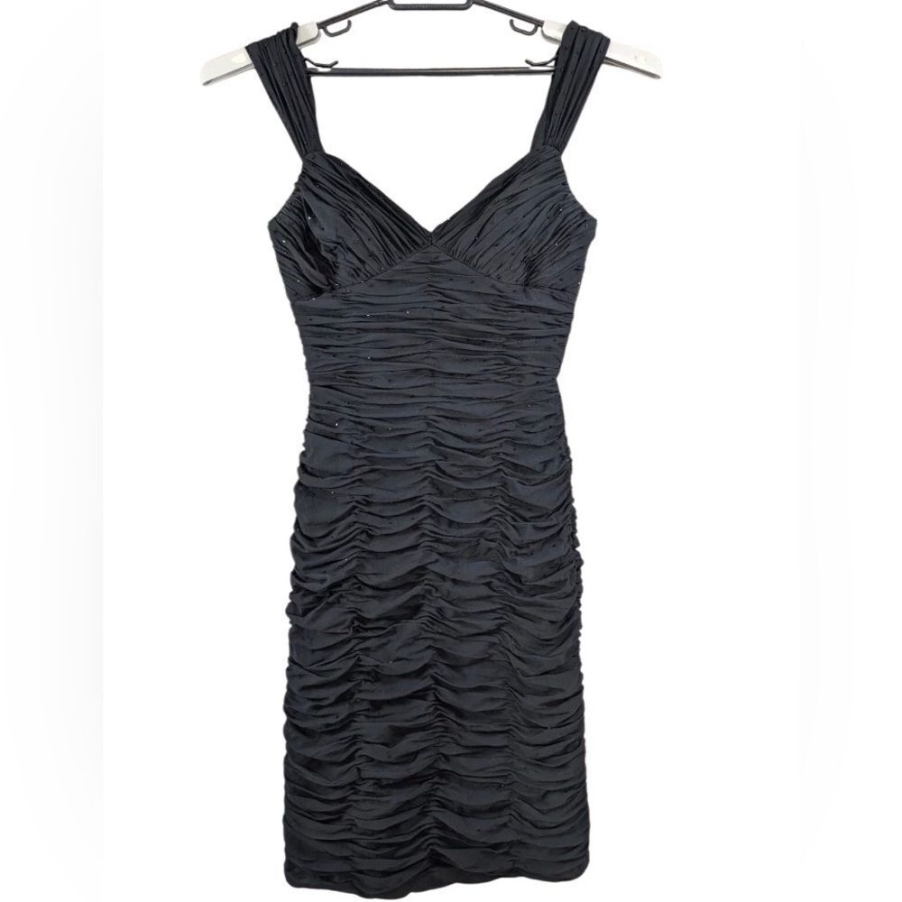 🔥Papell boutique Black Ruched with lite black sparkle beading Midi Dress sz 10